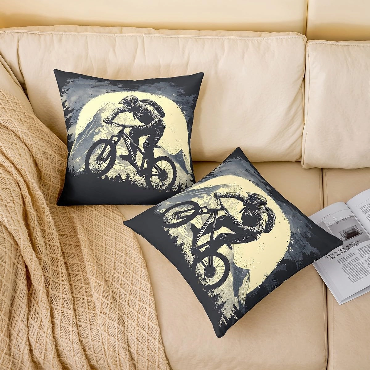 Biking Single Pack Pillow Cover,Cycling Riding Adventure Extreme Sports Double Sides Print Cushion Cover for Sofa,Natural Mount Mystic Moon Sky Vintage Couch Pillow Cover,24"x 24"