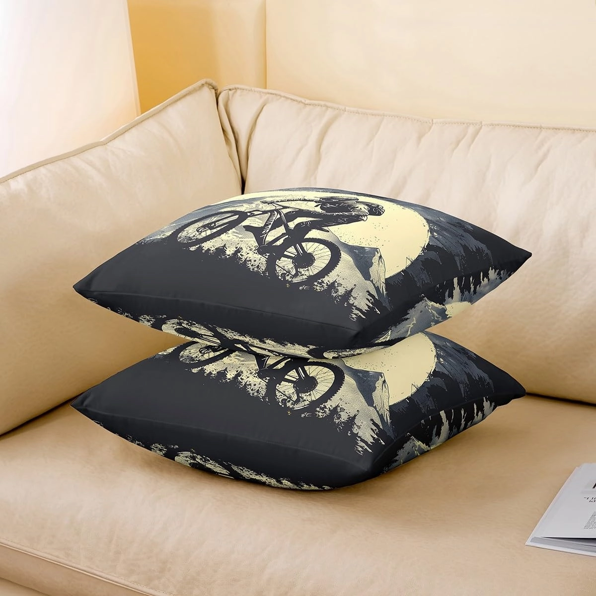 Biking Single Pack Pillow Cover,Cycling Riding Adventure Extreme Sports Double Sides Print Cushion Cover for Sofa,Natural Mount Mystic Moon Sky Vintage Couch Pillow Cover,24"x 24"