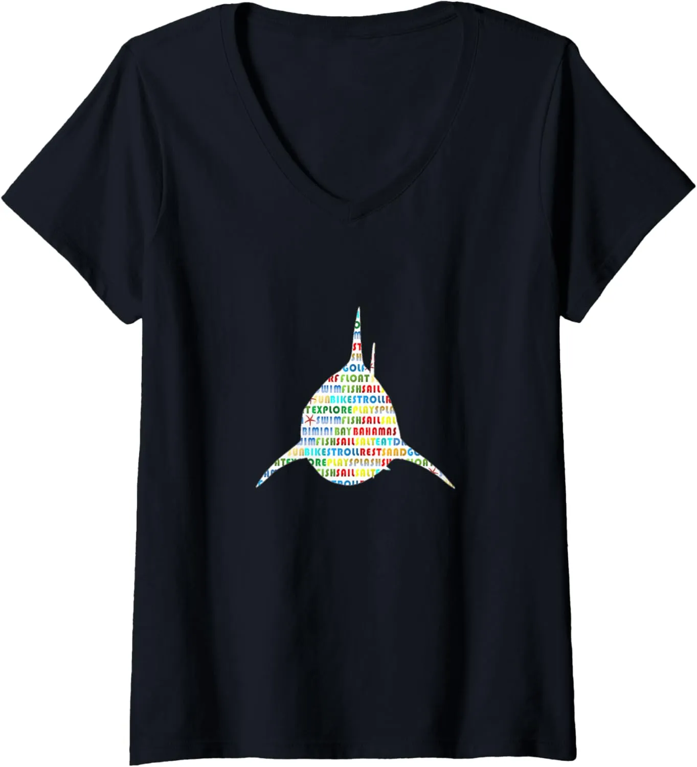 Bimini Bay Shark Word Cloud V-Neck T-Shirt