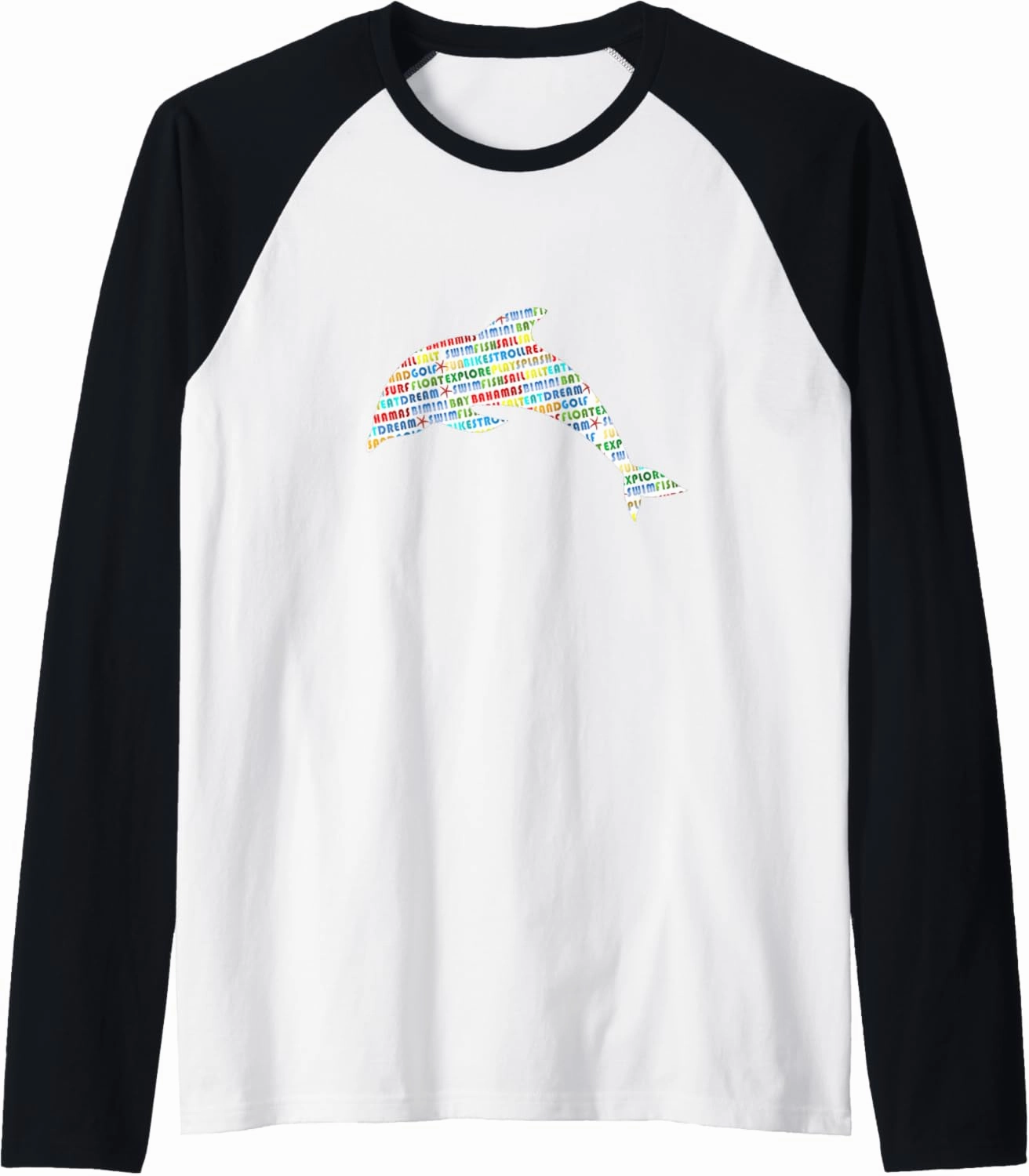 Bimini Bay Dolphin Word Cloud Raglan Baseball Tee
