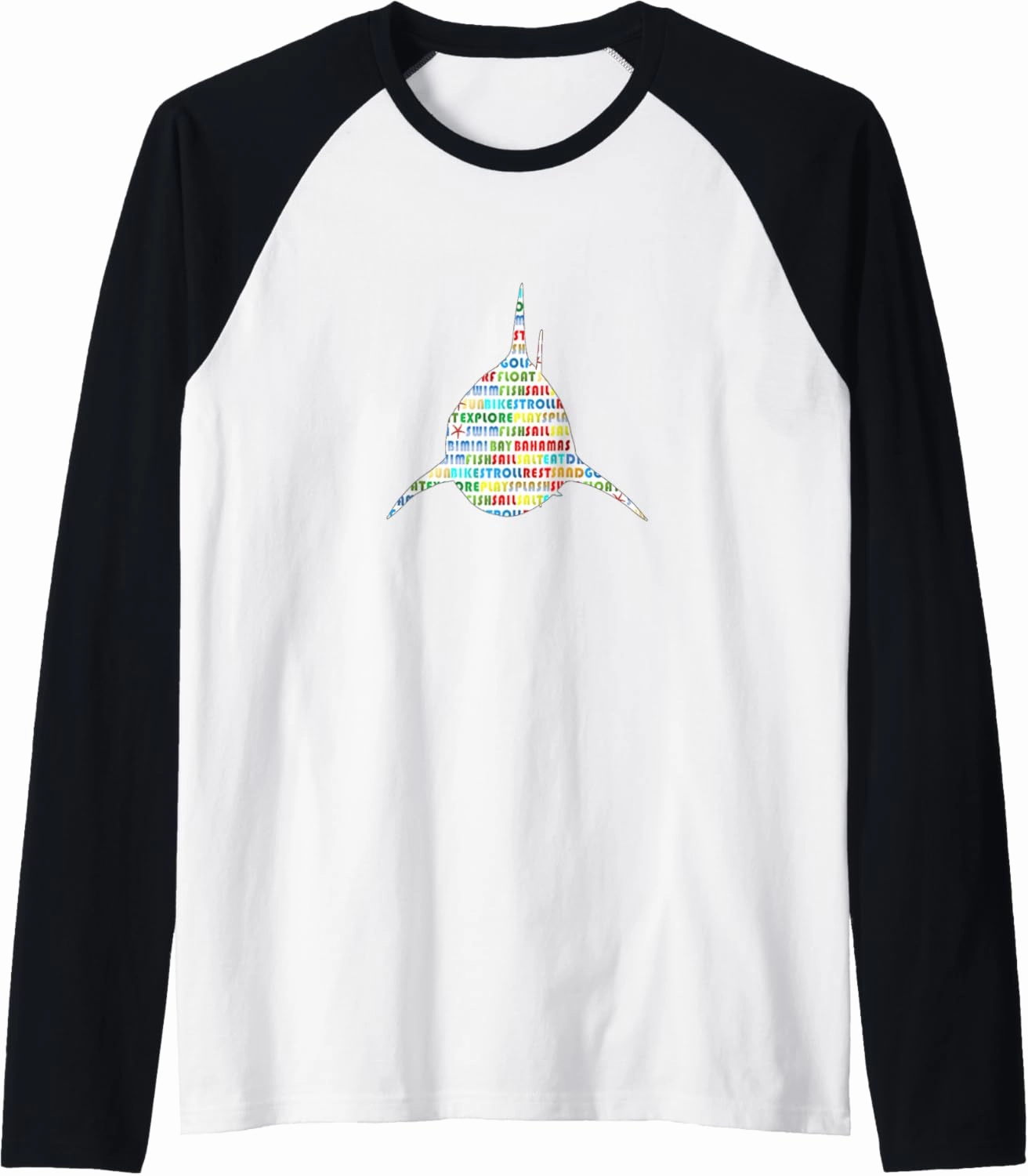 Bimini Bay Shark Word Cloud Raglan Baseball Tee