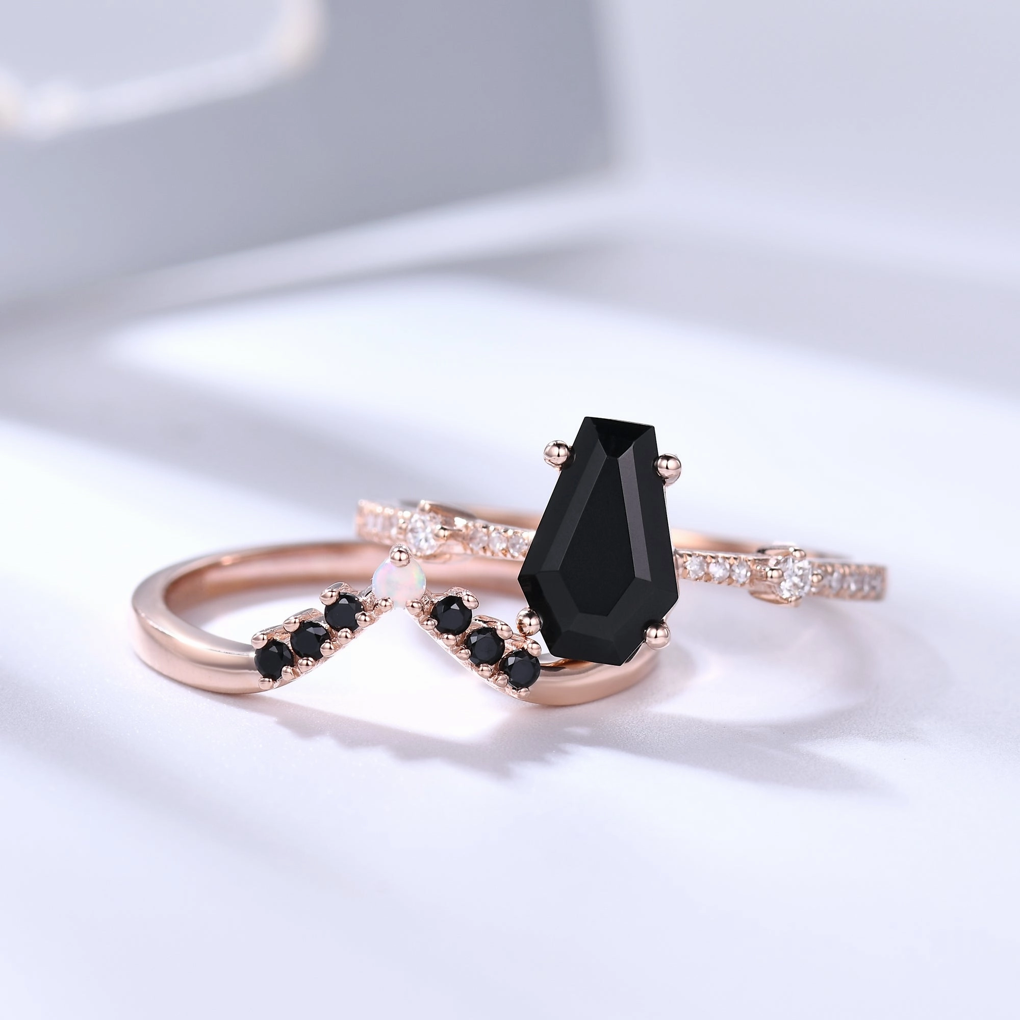 Black Onyx Coffin Gothic Engagement Ring Set Opal Stacking Ring