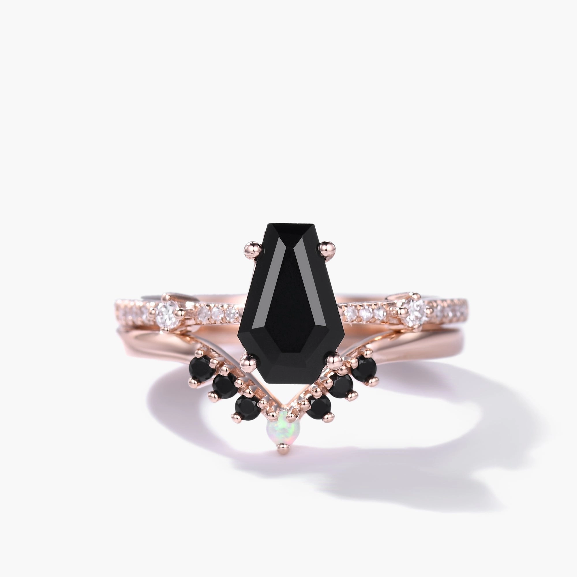 Black Onyx Coffin Gothic Engagement Ring Set Opal Stacking Ring