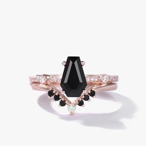 Black Onyx Coffin Gothic Engagement Ring Set Opal Stacking Ring