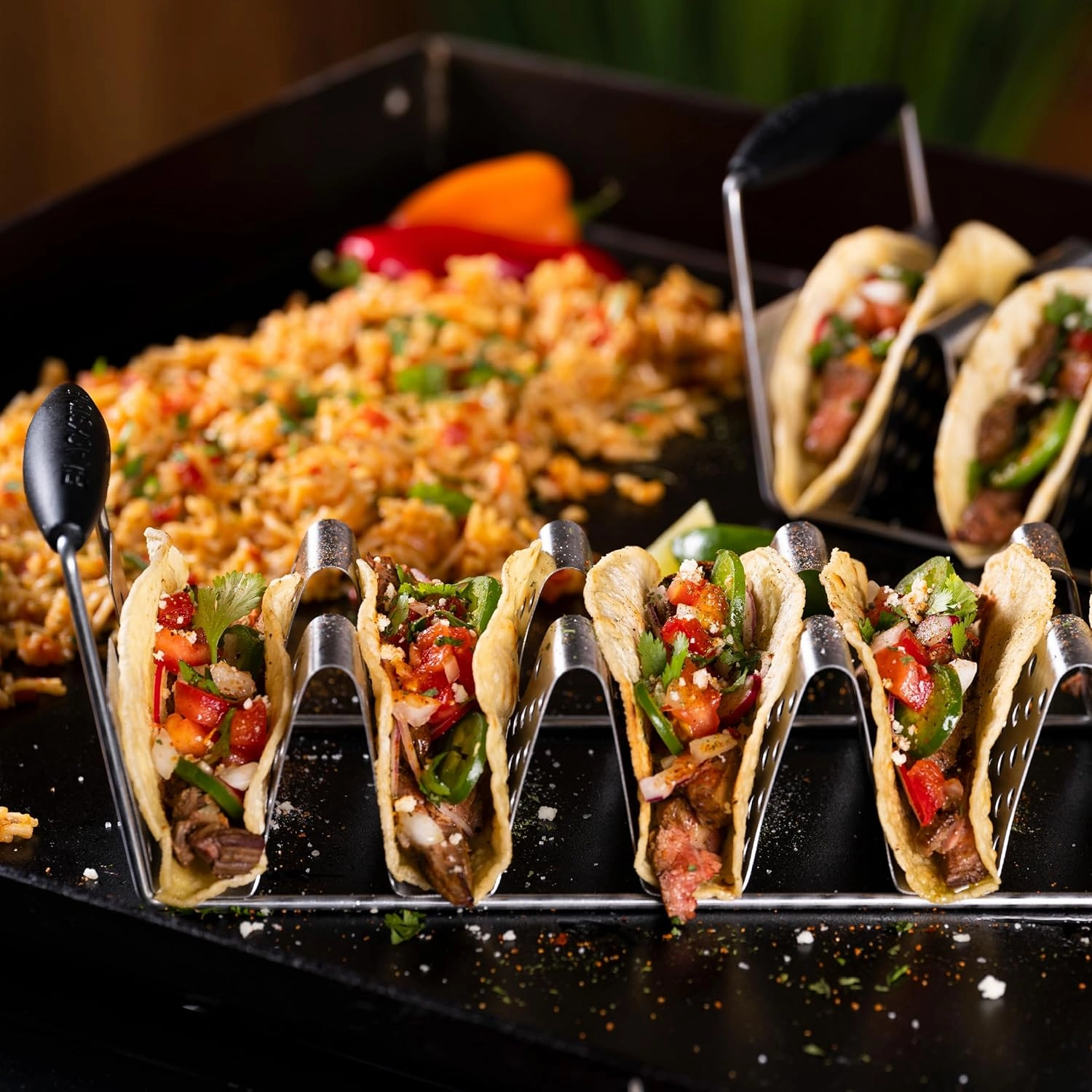 Blackstone 5551 Deluxe Taco Holder Stand Pack of 2 - Stainless Steel Taco Racks With Heat Resistant Handles - One Tray Holds 6 Tacos - Dishwasher Safe, Black/Silver