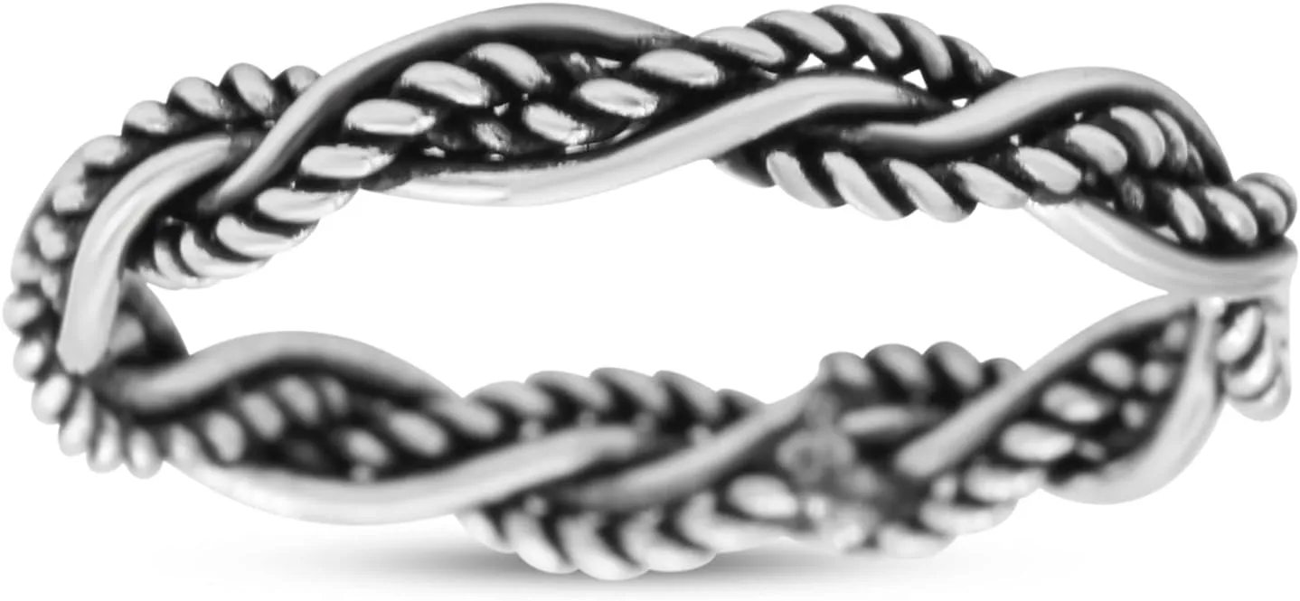 Blue Apple Co. Iconic Braided Double Twisted Rope Engraved Fascinating Oxidized Ring Band Solid 925 Sterling Silver Thumb Ring (3.5mm)