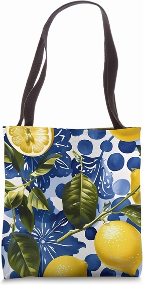 Blue Vintage Polka Dots & Italian Tiles with Lemons Majolica Tote Bag