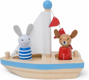 Boats and Buddies- Dog and Bunny by Jack Rabbit Creations- 3 Piece Wooden Floating Bath Toys - Includes 2 Removable Animals- Water Table, Sink, and Bathtub Fun for Toddlers 3 