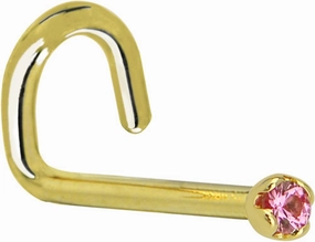 Body Candy Solid 14k Yellow Gold 1.5mm Genuine Pink Sapphire Left Nose Stud Screw 20 Gauge 1/4"