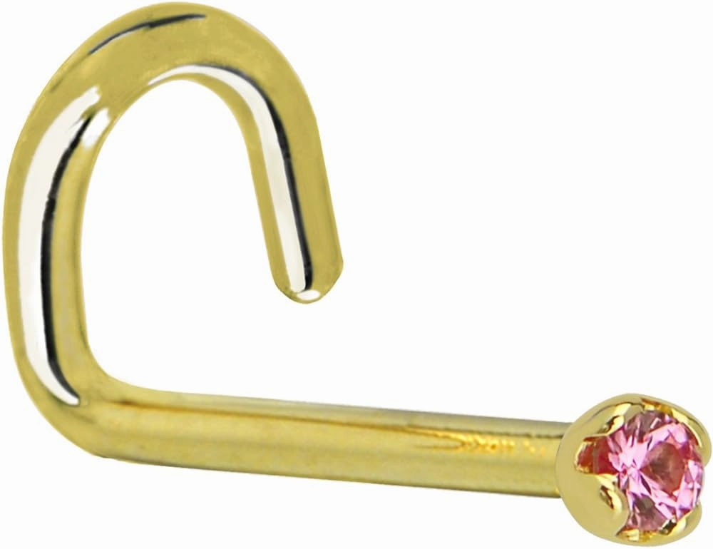 Body Candy Solid 14k Yellow Gold 1.5mm Genuine Pink Sapphire Left Nose Stud Screw 20 Gauge 1/4"
