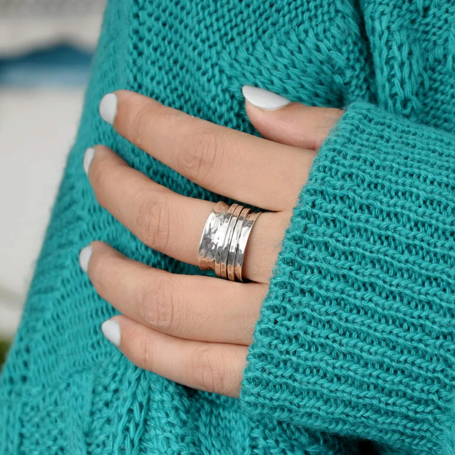 Boho-Magic 925 Sterling Silver Spinner Ring for Women 3 Fidget Rings Band Wide Hammered
