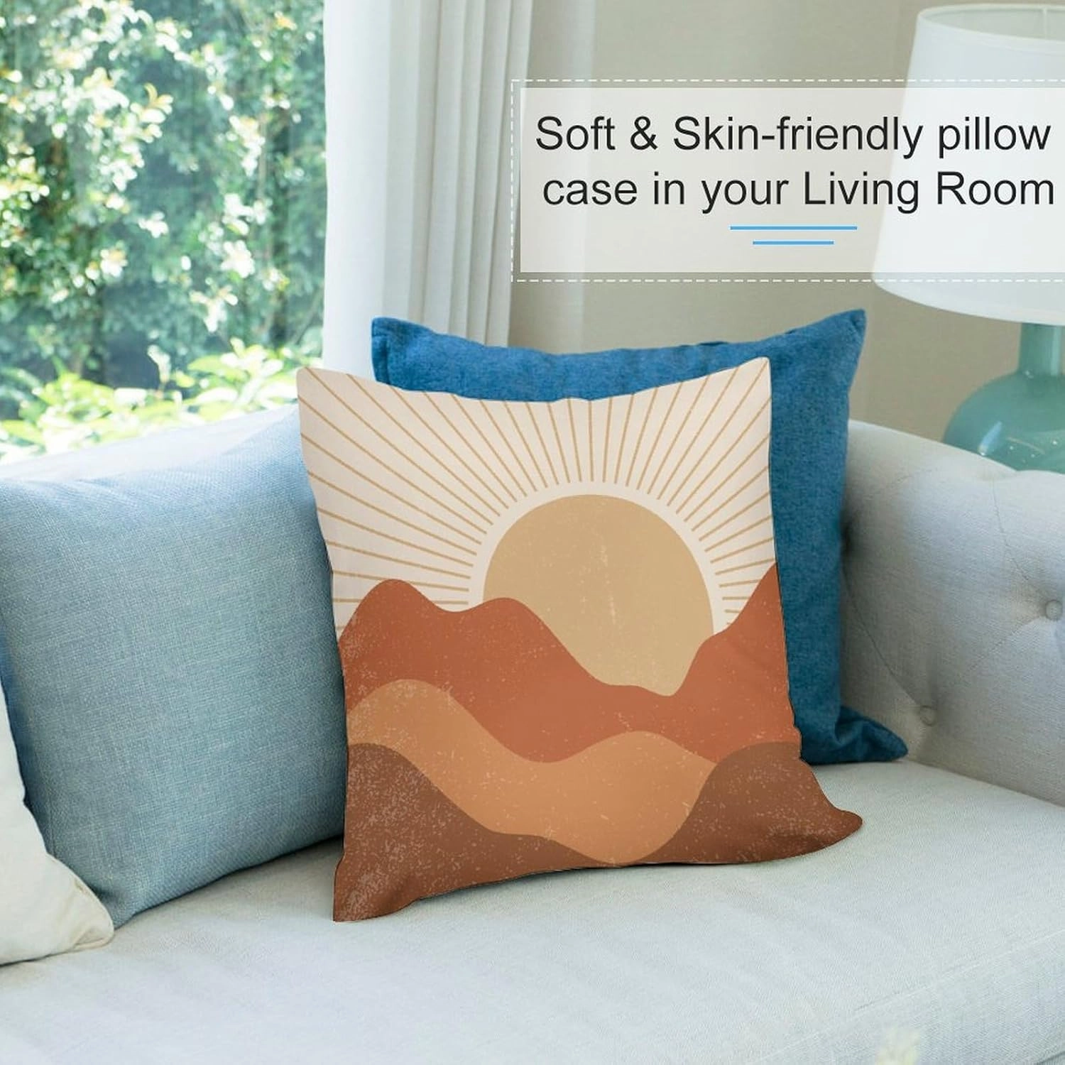 Boho Pillow Covers Set of 2,Mid Century Bohemian Landscape Mountain Sunset Throw Pillow Covers 16x16 Inches Cotton Square Pillow Protectors for Couch Bed Living Room Outdoor Decor 16 "x16