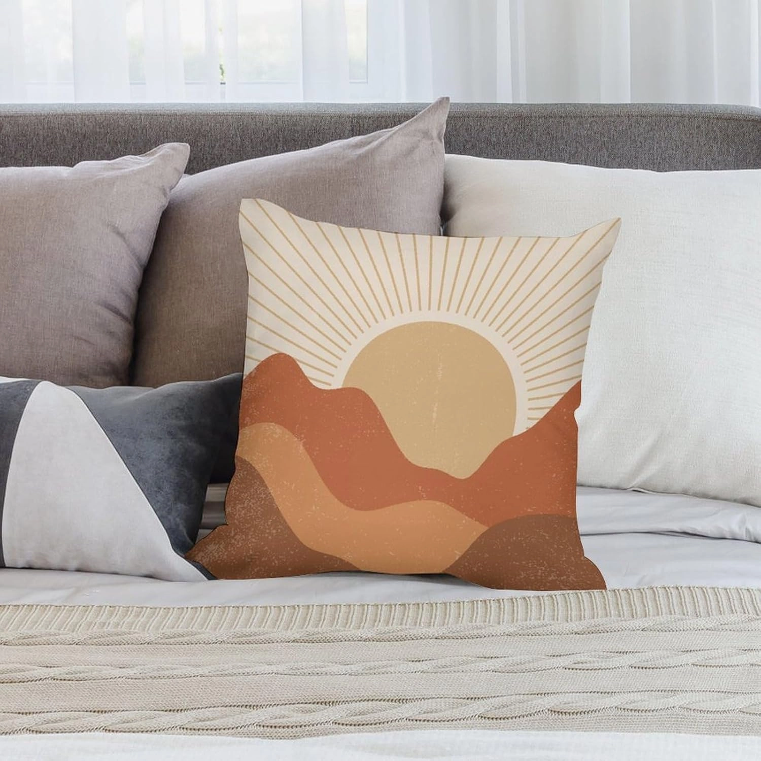 Boho Pillow Covers Set of 2,Mid Century Bohemian Landscape Mountain Sunset Throw Pillow Covers 16x16 Inches Cotton Square Pillow Protectors for Couch Bed Living Room Outdoor Decor 16 "x16