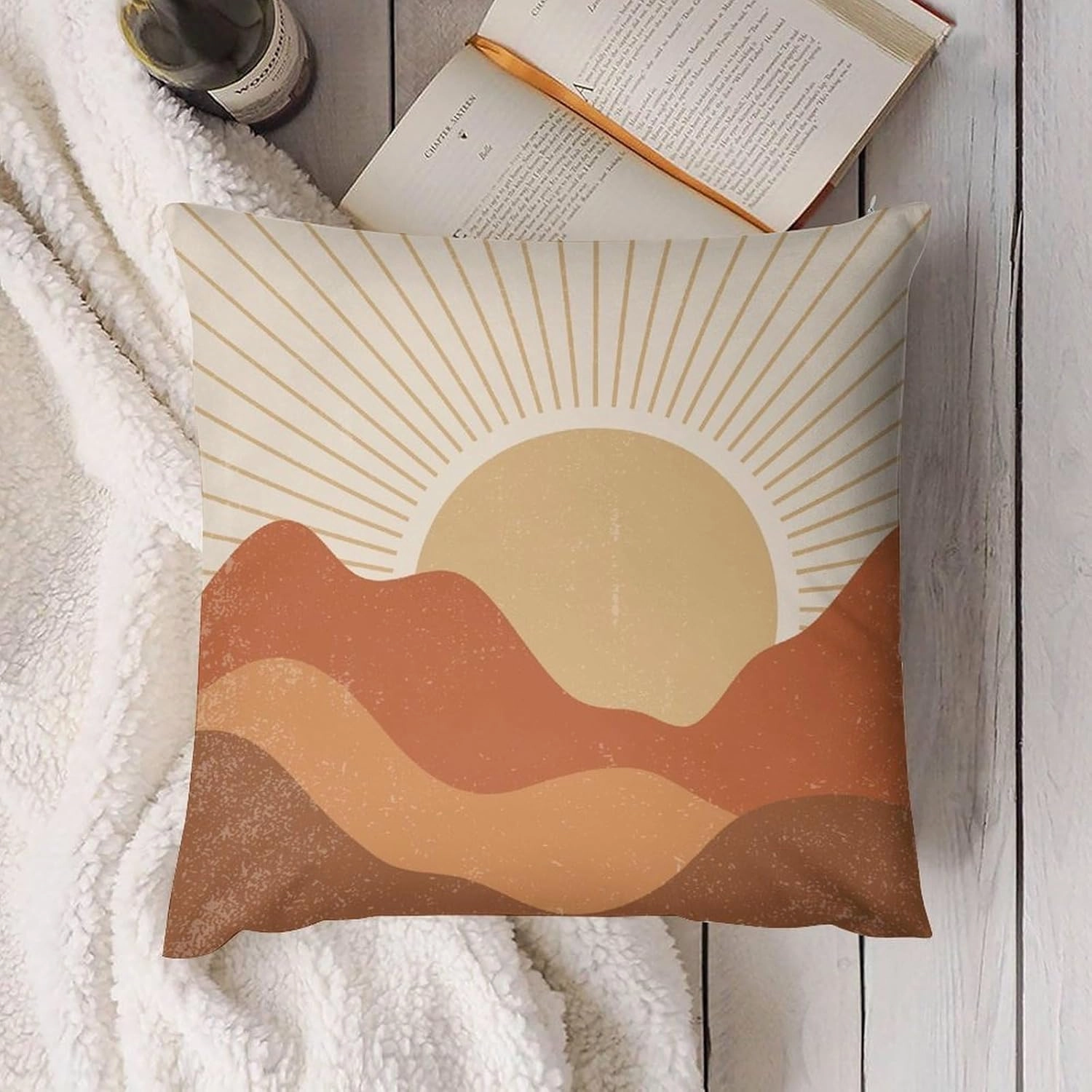 Boho Pillow Covers Set of 2,Mid Century Bohemian Landscape Mountain Sunset Throw Pillow Covers 16x16 Inches Cotton Square Pillow Protectors for Couch Bed Living Room Outdoor Decor 16 "x16