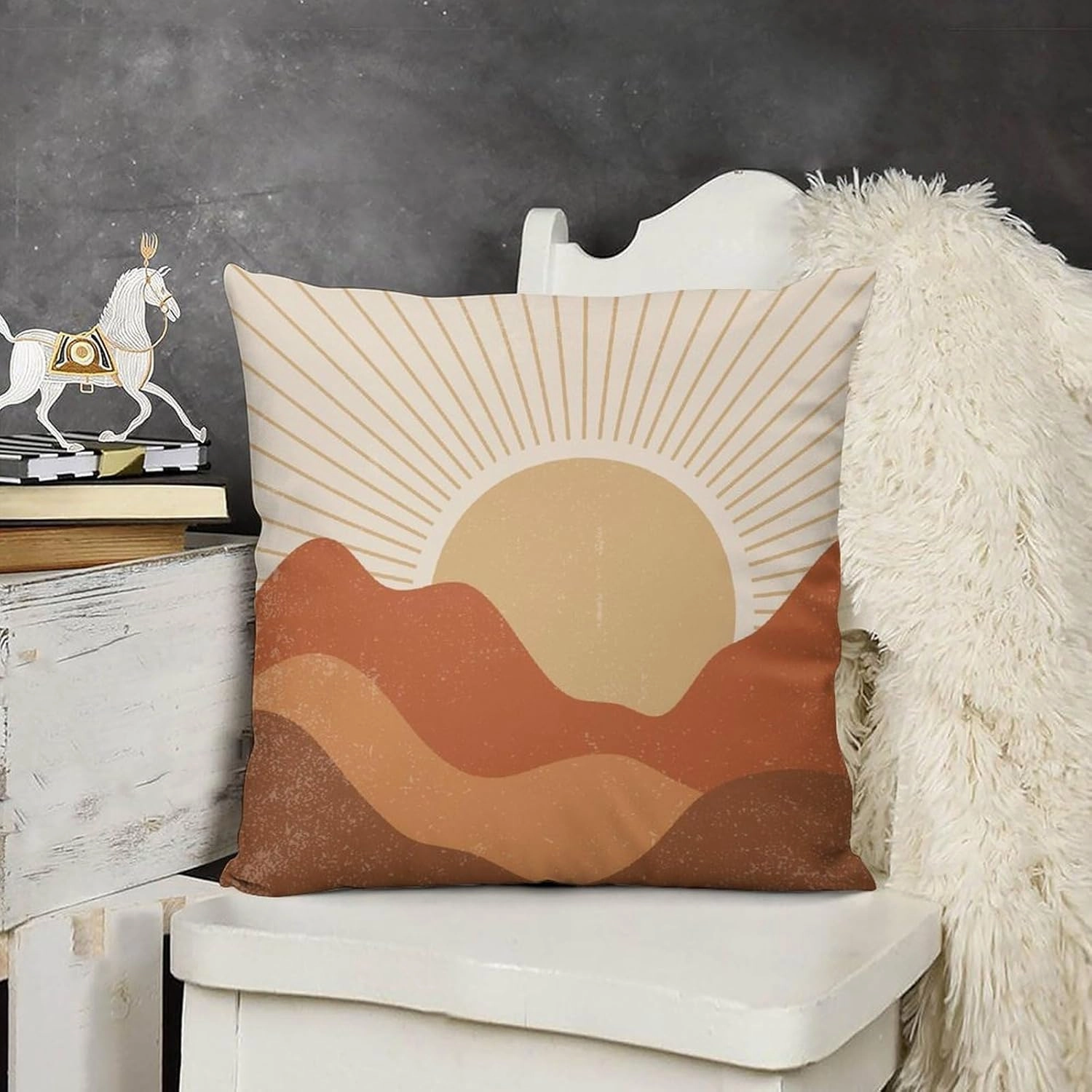 Boho Pillow Covers Set of 2,Mid Century Bohemian Landscape Mountain Sunset Throw Pillow Covers 16x16 Inches Cotton Square Pillow Protectors for Couch Bed Living Room Outdoor Decor 16 "x16