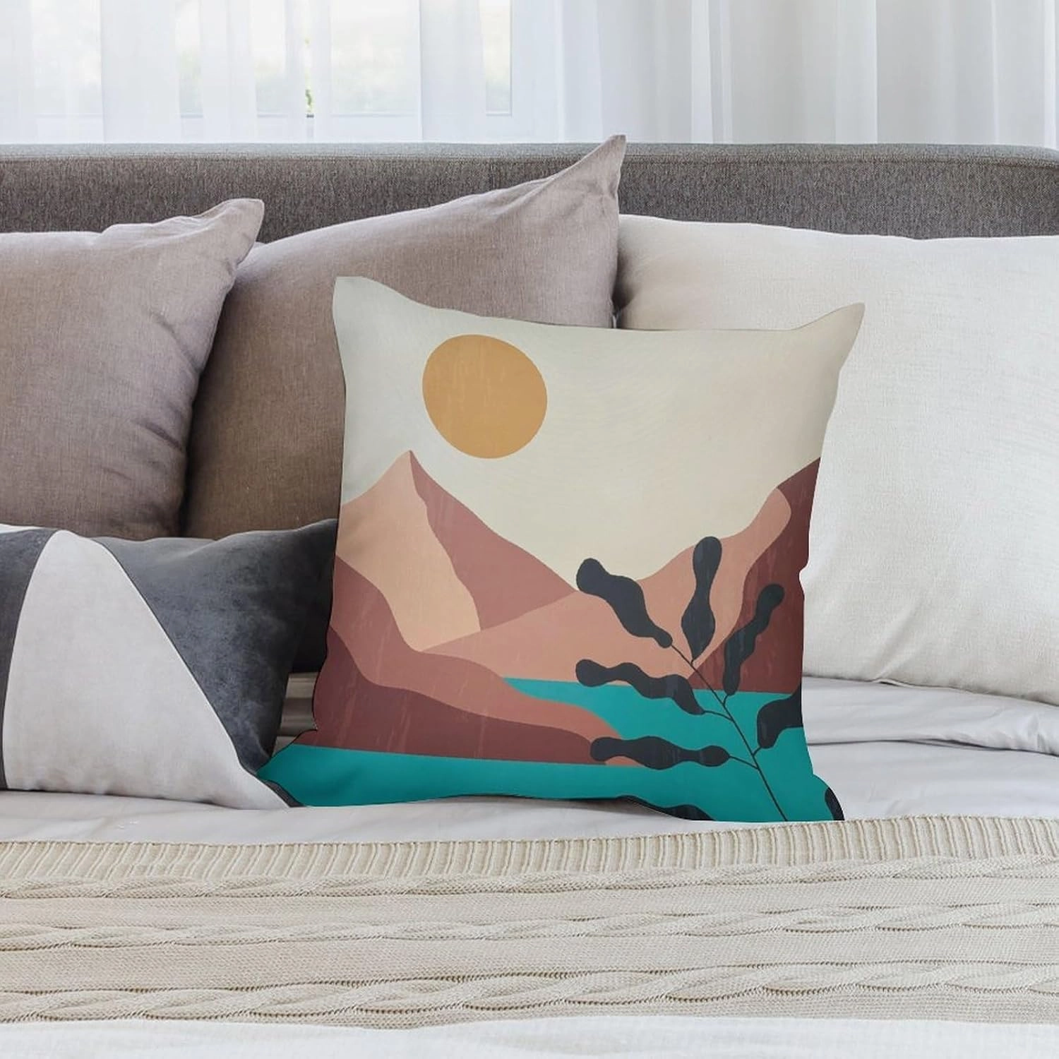 Boho Pillow Covers Set of 2,Modern Boho Sunshine Sunrise Landscape Throw Pillow Covers 16x16 Inches Cotton Square Pillow Protectors for Couch Bed Living Room Outdoor Decor 16 "x16