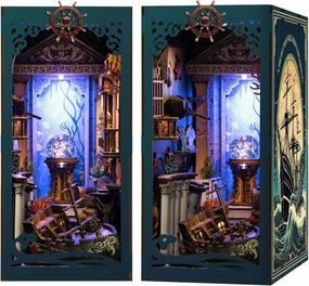 Book Nook Kit - DIY Enchanted Cottage Miniature House for Adults & Teens, 3D Wooden Puzzle Booknook with LED Lights, Bookshelf Insert Decor & Creative Model Building（Riddle On The Sea Floor）
