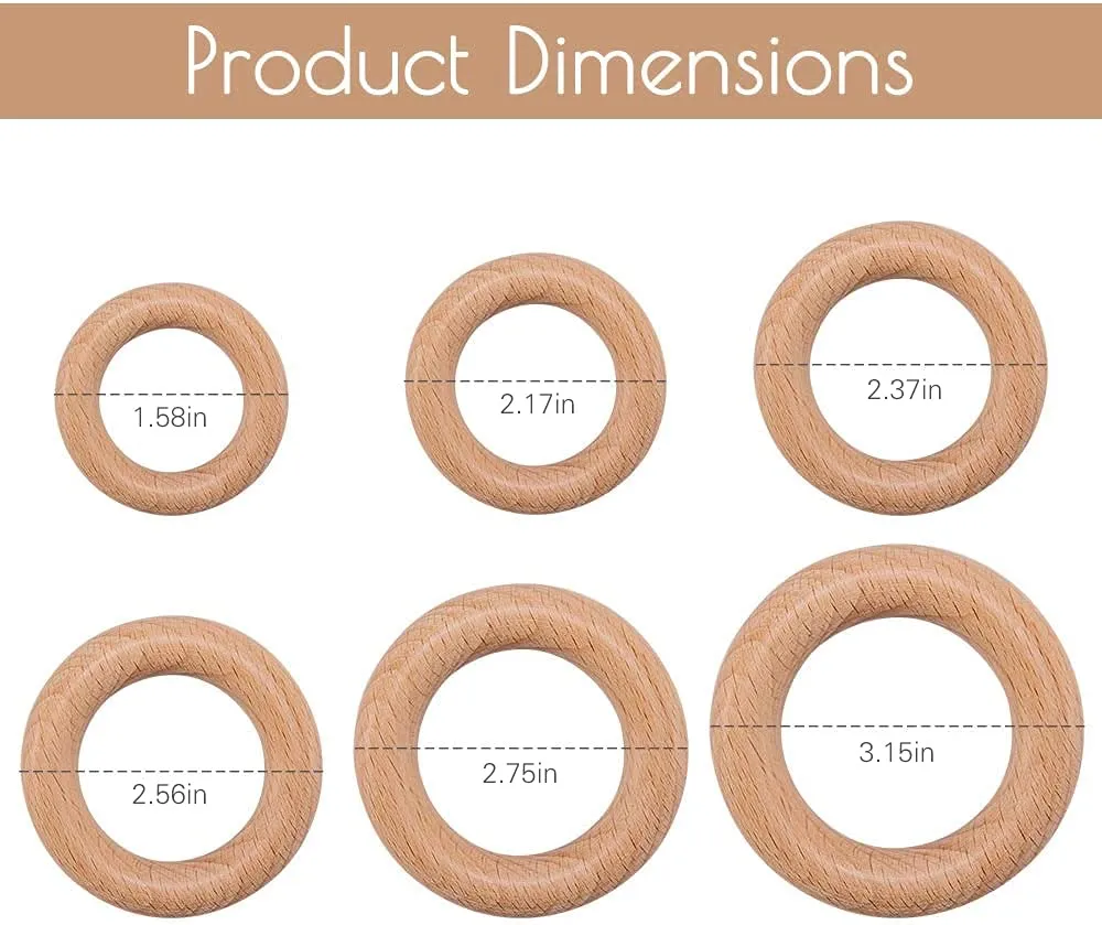 bopoobo Wooden Rings Natural Beech for Craft, Unfinished Wood Ring Circle Rings for DIY Baby Teething Toys, Baby Wooden Teether Accessories, Pendant Connector (10 Pcs, 60 mm)