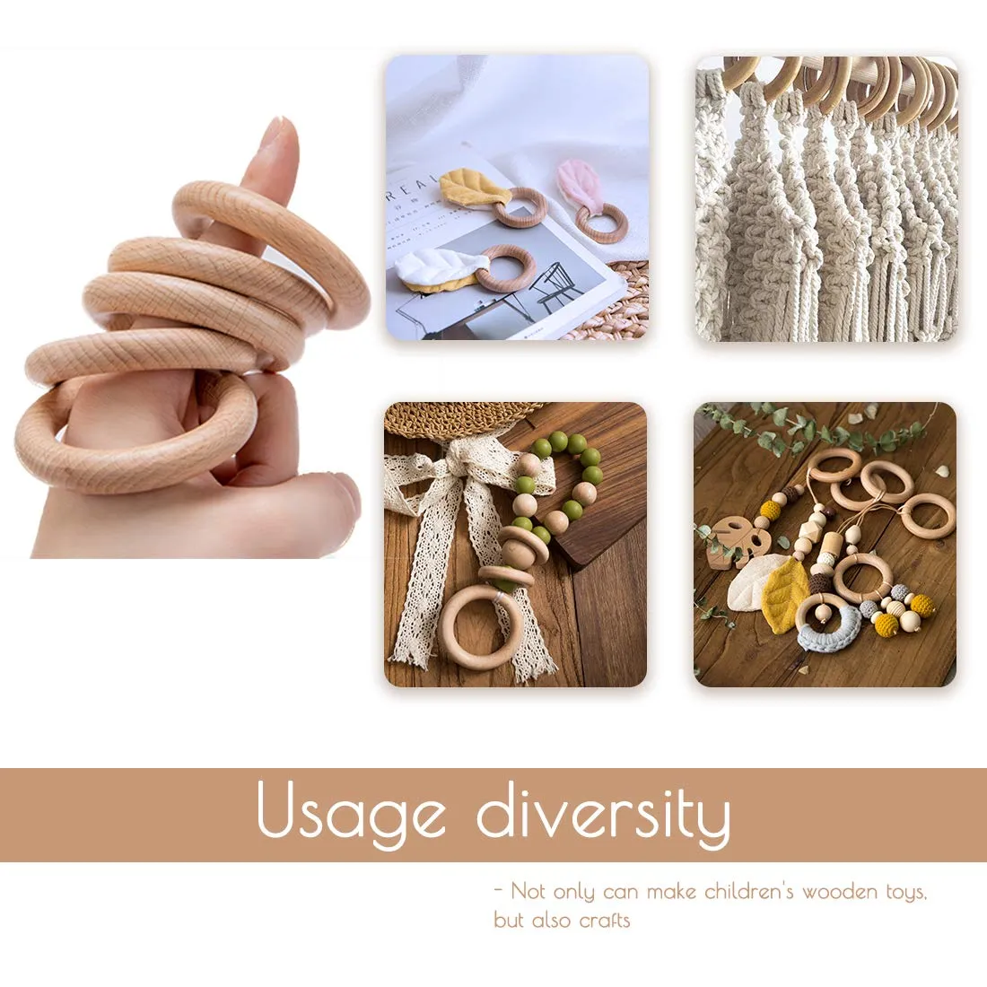 bopoobo Wooden Rings Natural Beech for Craft, Unfinished Wood Ring Circle Rings for DIY Baby Teething Toys, Baby Wooden Teether Accessories, Pendant Connector (10 Pcs, 60 mm)