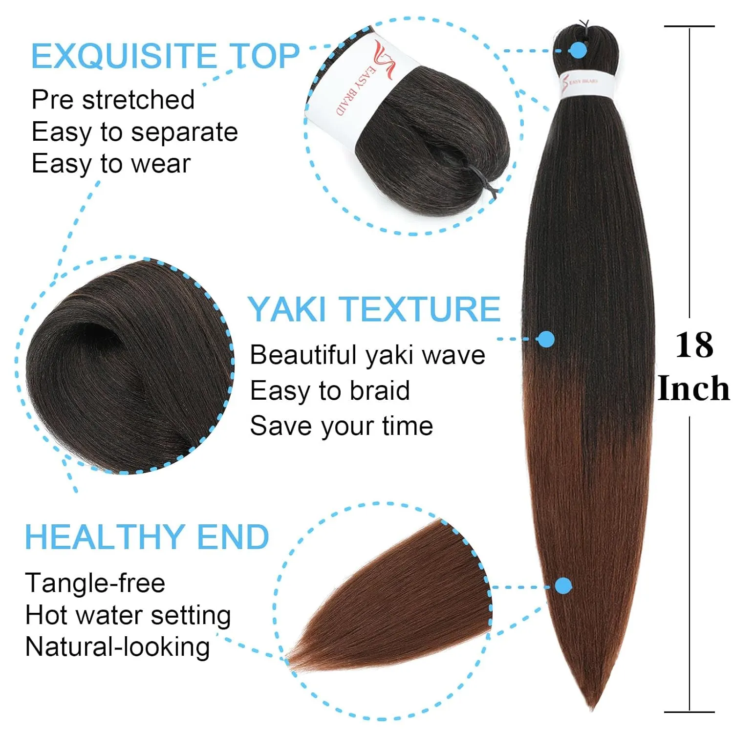 Braiding Hair Pre Stretched for Women Girls 18 Inch 8 Pack Hair Extensions Box Braids Soft Synthetic Knotless Yaki Texture Hot Water Setting Braiding Hair (18Inch, 1B/30)