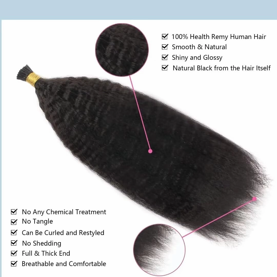 Brazilian Kinky Straight I Tip Human Hair Extension Coarse Yaki Pre Bonded Fusion Stick I Tip Hair Extensions Micro links Keratin Hair Extensions 14Inch