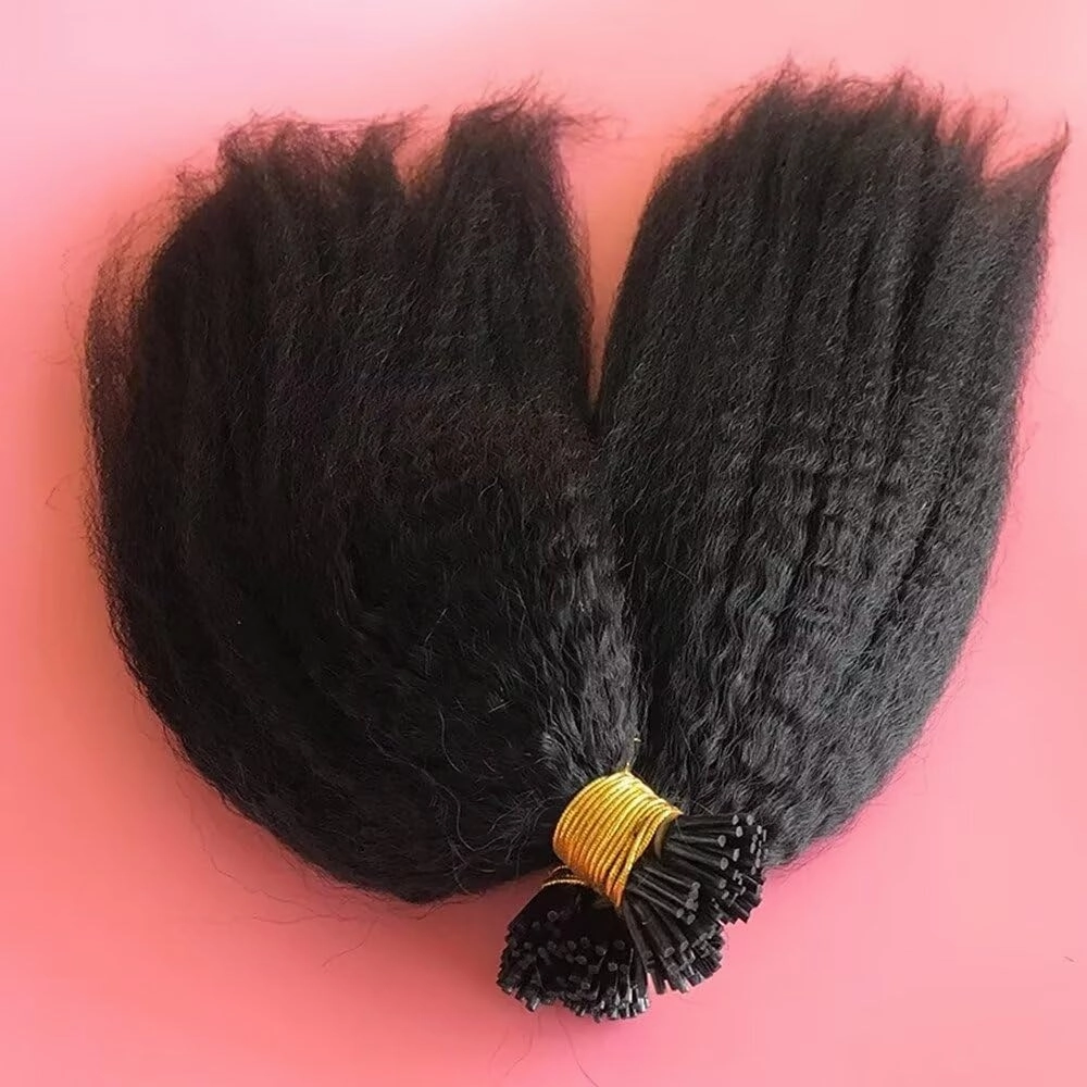 Brazilian Kinky Straight I Tip Human Hair Extension Coarse Yaki Pre Bonded Fusion Stick I Tip Hair Extensions Micro links Keratin Hair Extensions 14Inch