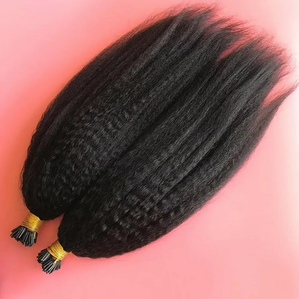 Brazilian Kinky Straight I Tip Human Hair Extension Coarse Yaki Pre Bonded Fusion Stick I Tip Hair Extensions Micro links Keratin Hair Extensions 14Inch