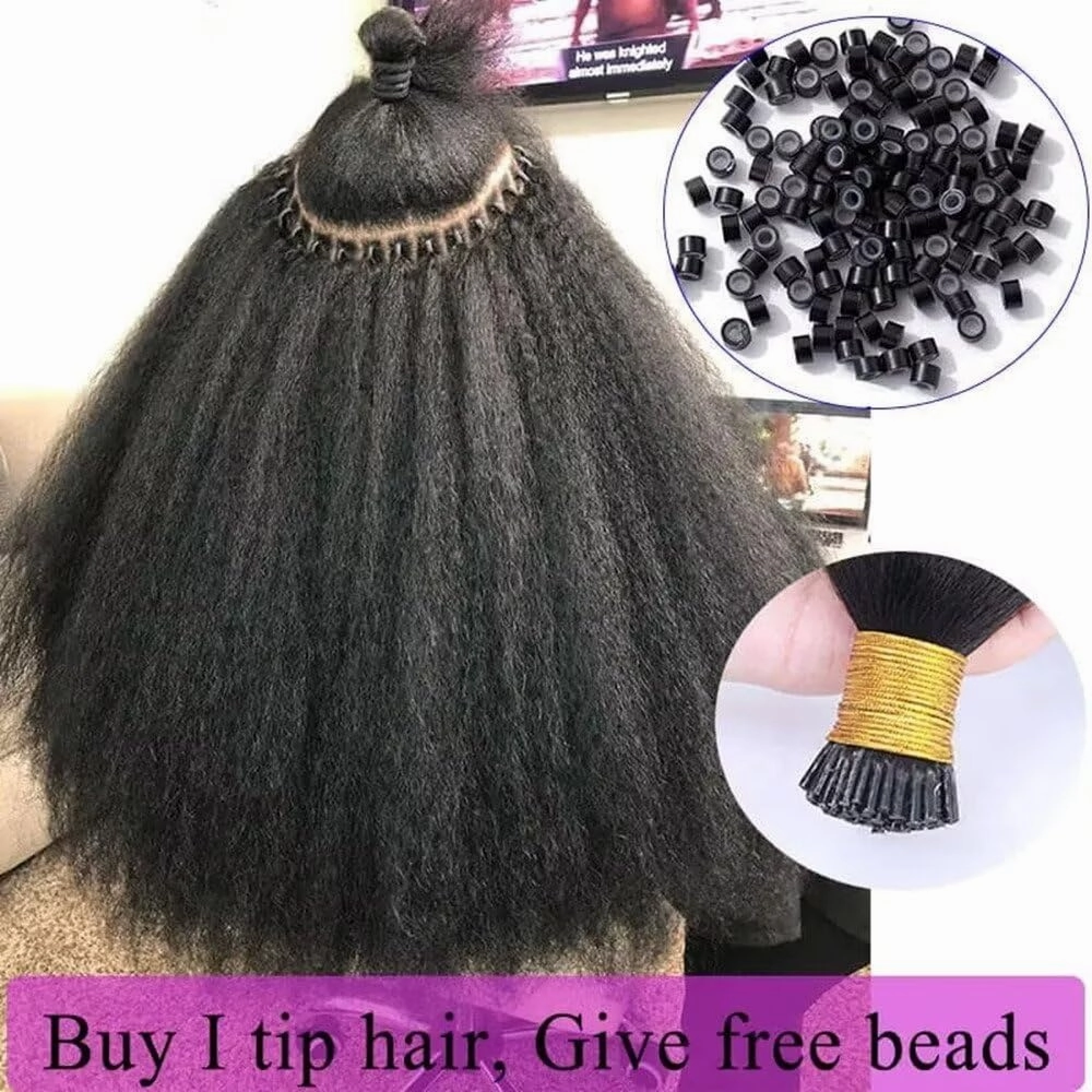 Brazilian Kinky Straight I Tip Human Hair Extension Coarse Yaki Pre Bonded Fusion Stick I Tip Hair Extensions Micro links Keratin Hair Extensions 14Inch