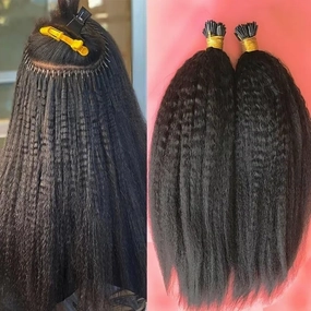 Brazilian Kinky Straight I Tip Human Hair Extension Coarse Yaki Pre Bonded Fusion Stick I Tip Hair Extensions Micro links Keratin Hair Extensions 14Inch
