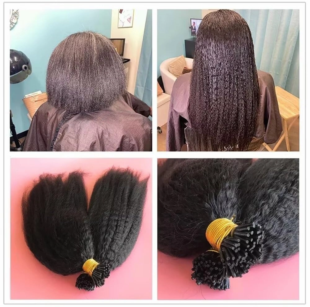 Brazilian Kinky Straight I Tip Human Hair Extension Coarse Yaki Pre Bonded Fusion Stick I Tip Hair Extensions Micro links Keratin Hair Extensions 14Inch
