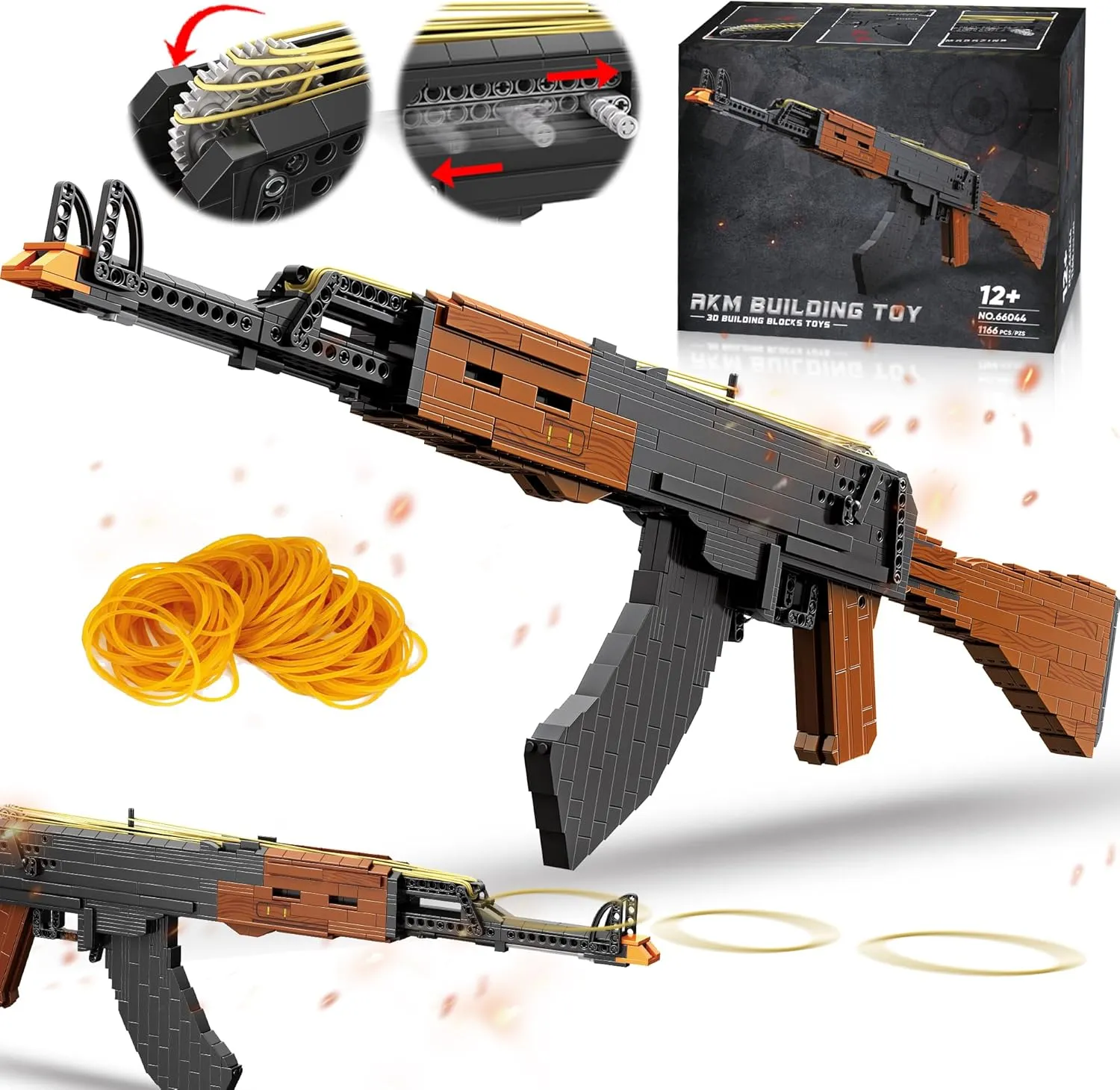 Building Block Gun for Adults, 1:1 AKM-47 Model Gun with Functional Rubber Band Shooting Mechanism, Collectible Gift for Military Weapon Toy Lovers,Educational STEM Toy Set for Boys Age 12 , 1166Pcs
