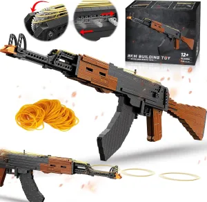 Building Block Gun for Adults, 1:1 AKM-47 Model Gun with Functional Rubber Band Shooting Mechanism, Collectible Gift for Military Weapon Toy Lovers,Educational STEM Toy Set for Boys Age 12 , 1166Pcs