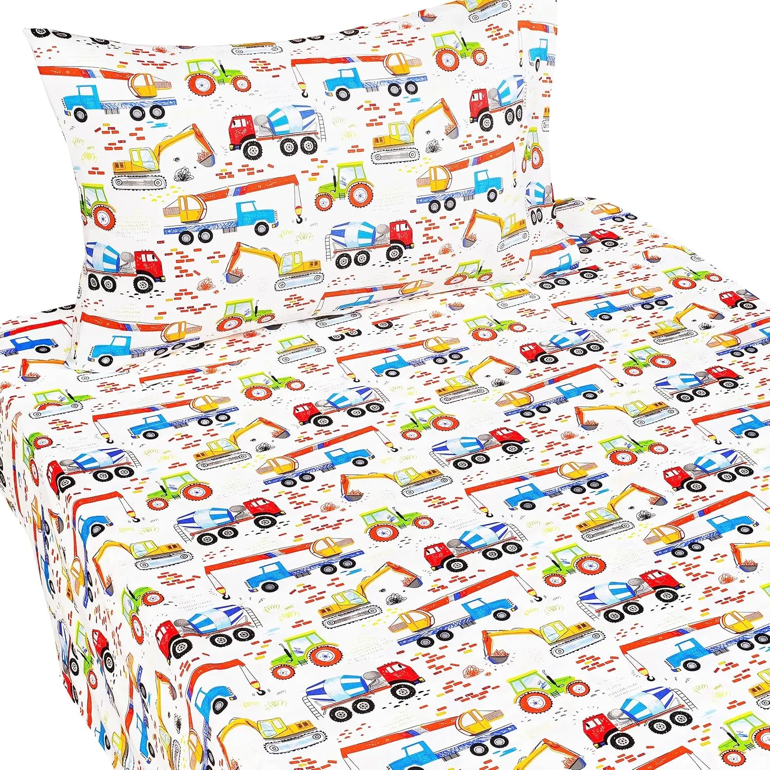 Building Machine Excavator Concrete Mixer Tracor Crane Cars Twin Sheet Set for Kids Girls Boys Children,100% Cotton, Flat Sheet   Fitted Sheet   Pillowcase Bedding Decoration Gift Set