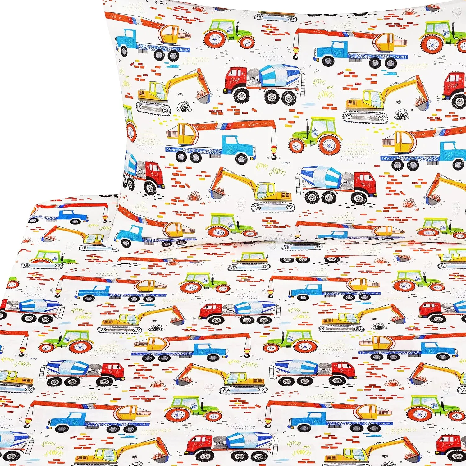 Building Machine Excavator Concrete Mixer Tracor Crane Cars Twin Sheet Set for Kids Girls Boys Children,100% Cotton, Flat Sheet   Fitted Sheet   Pillowcase Bedding Decoration Gift Set