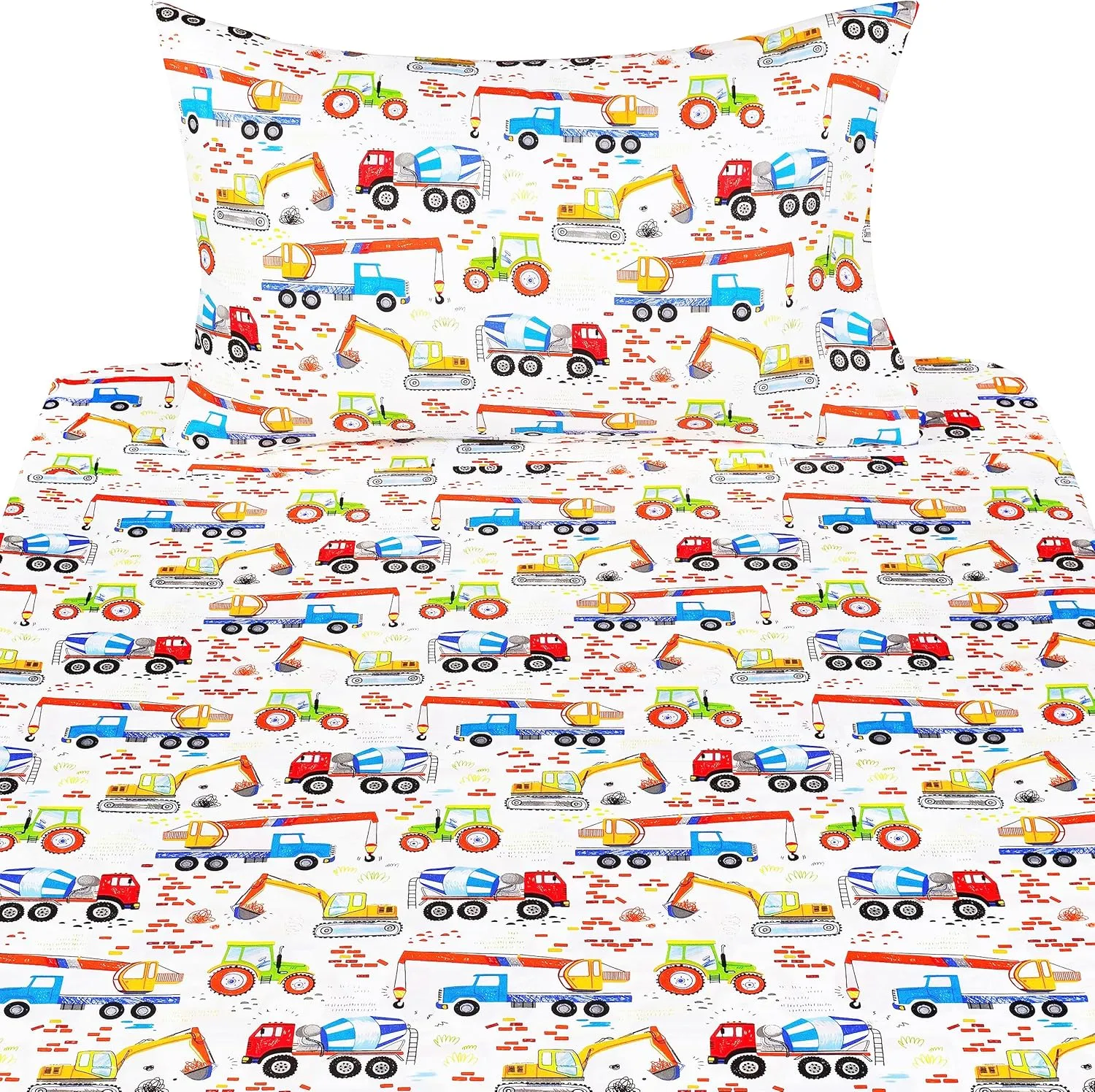 Building Machine Excavator Concrete Mixer Tracor Crane Cars Twin Sheet Set for Kids Girls Boys Children,100% Cotton, Flat Sheet   Fitted Sheet   Pillowcase Bedding Decoration Gift Set