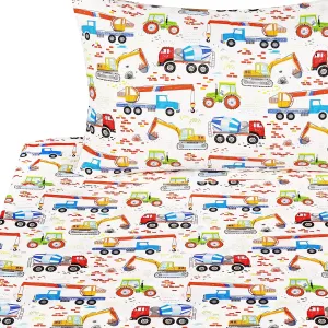 Building Machine Excavator Concrete Mixer Tracor Crane Cars Twin Sheet Set for Kids Girls Boys Children,100% Cotton, Flat Sheet   Fitted Sheet   Pillowcase Bedding Decoration Gift Set