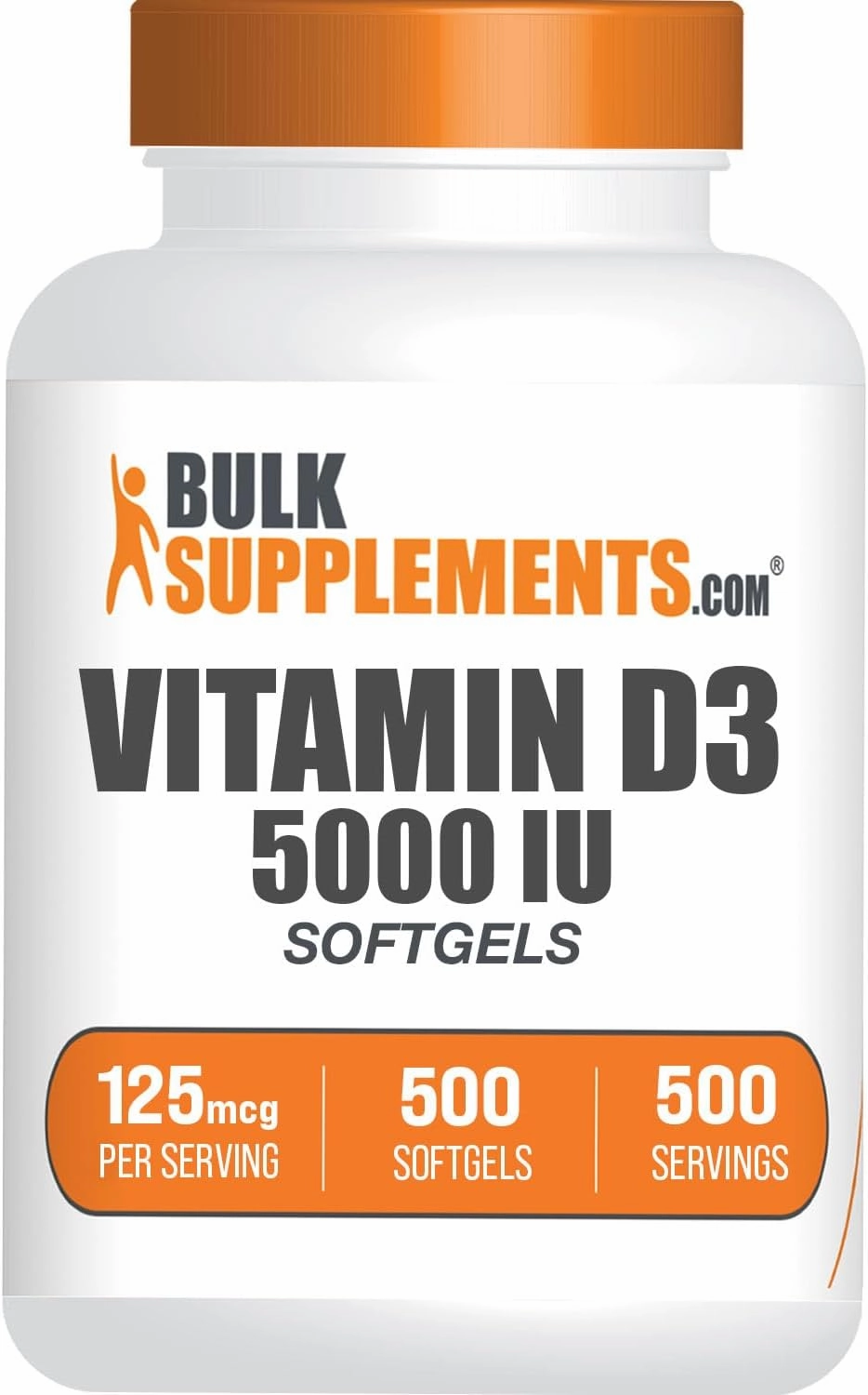 BulkSupplements.com Vitamin D3 5000IU Softgels - Cholecalciferol, D3 Supplement, Vitamin D 5000 IU - 1 Vitamin D3 Softgel (125mcg of Vitamin D) per Serving, 500 Count (Pack of 1)
