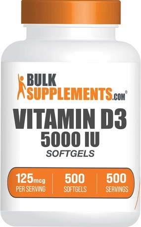BulkSupplements.com Vitamin D3 5000IU Softgels - Cholecalciferol, D3 Supplement, Vitamin D 5000 IU - 1 Vitamin D3 Softgel (125mcg of Vitamin D) per Serving, 500 Count (Pack of 1)