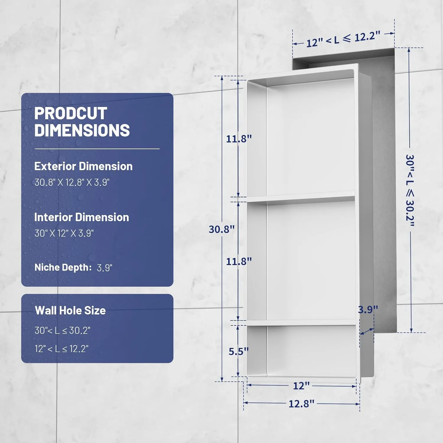 BWE White Shower Niche 12" X 30" Stainless Steel Bathroom Niche for Shower Wall NO Tile Needed 3-Tier Recessed Niche for Bathroom Storage,Over Mount Installation