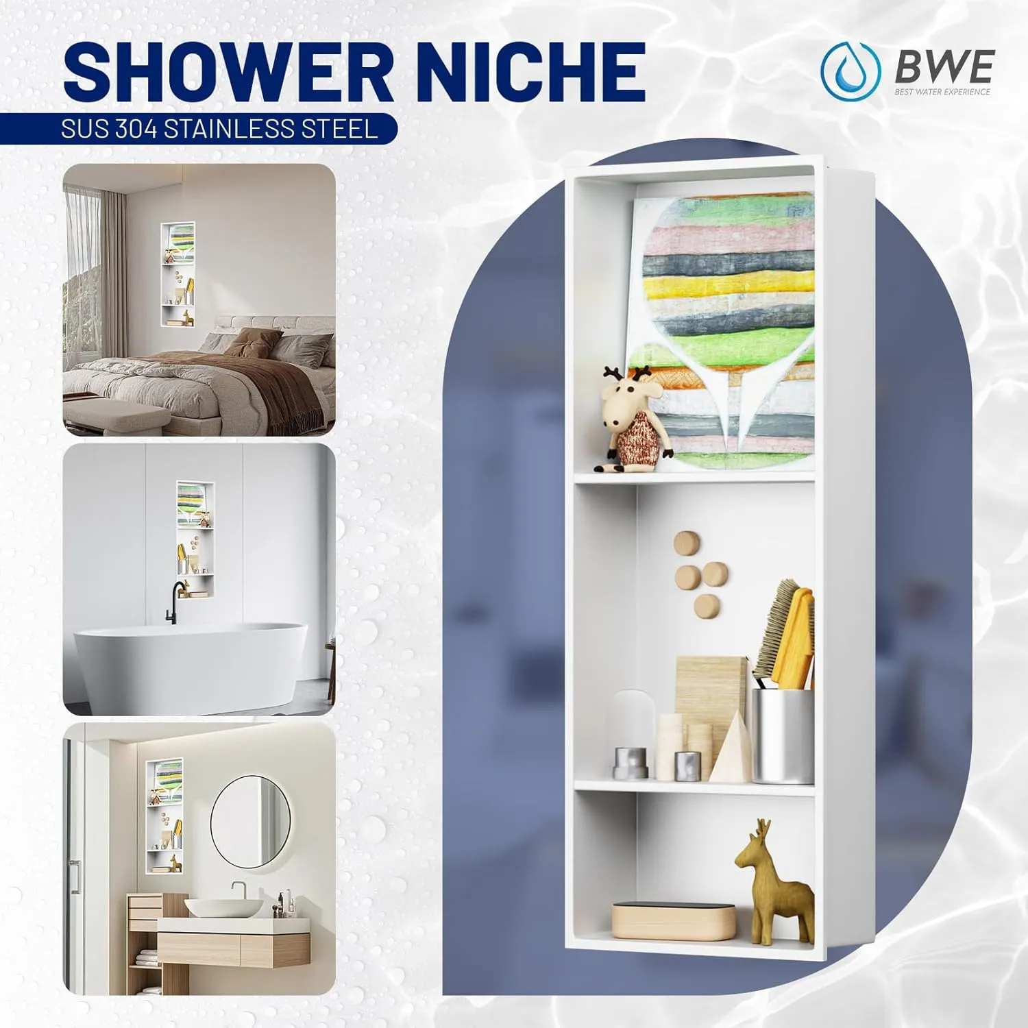 BWE White Shower Niche 12" X 30" Stainless Steel Bathroom Niche for Shower Wall NO Tile Needed 3-Tier Recessed Niche for Bathroom Storage,Over Mount Installation