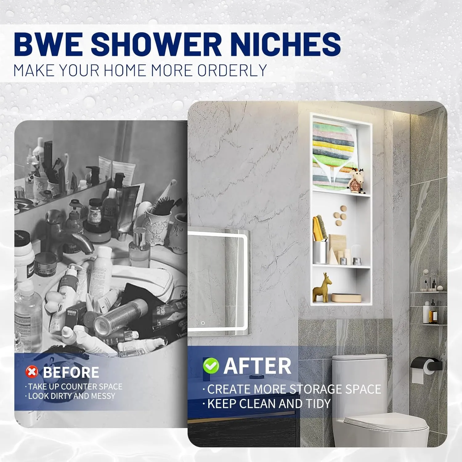 BWE White Shower Niche 12" X 30" Stainless Steel Bathroom Niche for Shower Wall NO Tile Needed 3-Tier Recessed Niche for Bathroom Storage,Over Mount Installation