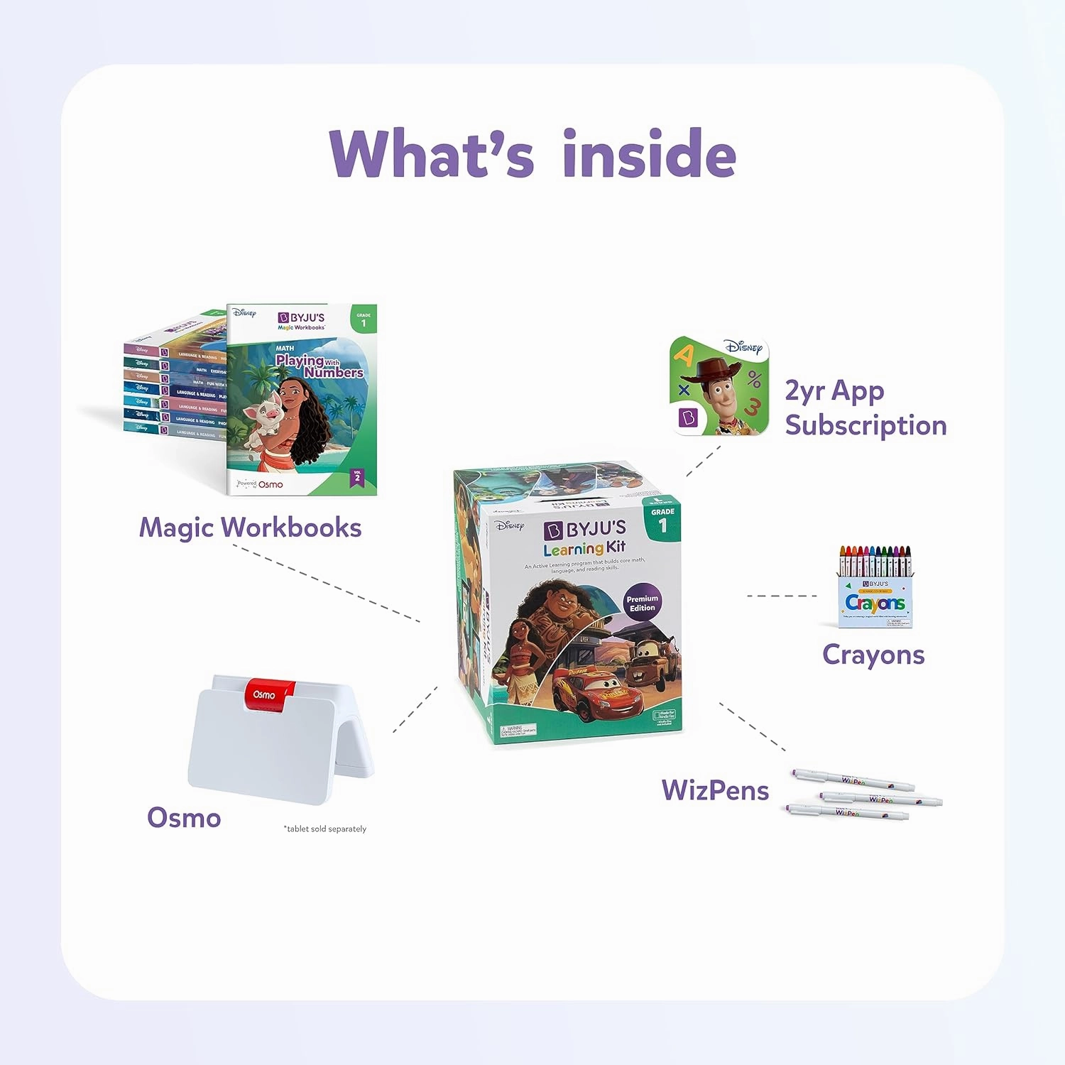 BYJU’S Learning: Disney, 1st Grade Premium Edition (App   8 Workbooks) Ages 5-7, Featuring Disney & Pixar Characters - Learn Reading, Addition/Subtraction, Writing & Phonics - Osmo Fire base included