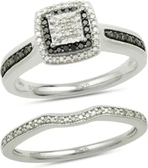 Cali Trove 1/5ct Natural Black & White Diamond Bridal Ring Set for Women | 925 Sterling Silver Square Halo Wedding & Engagement Ring | Diamond Promise Rings for Her in White Gold | Mother's Day Gifts