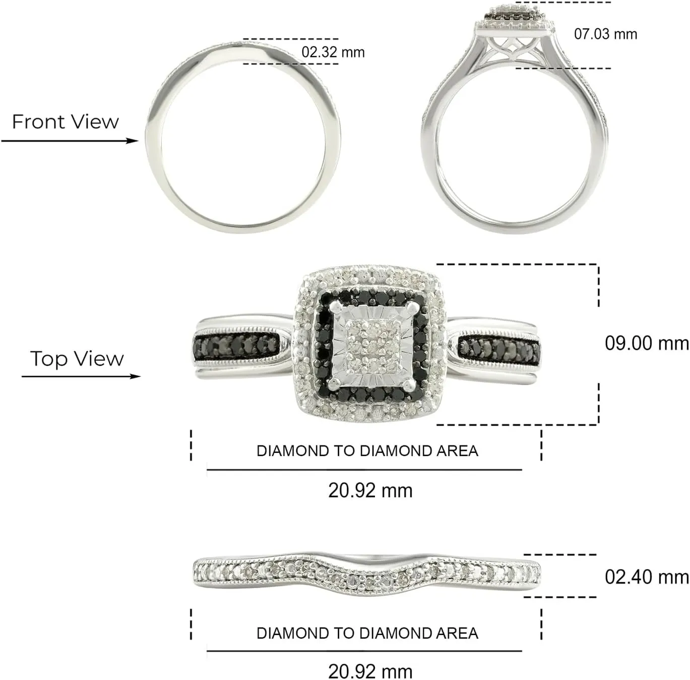 Cali Trove 1/5ct Natural Black & White Diamond Bridal Ring Set for Women | 925 Sterling Silver Square Halo Wedding & Engagement Ring | Diamond Promise Rings for Her in White Gold | Mother's Day Gifts
