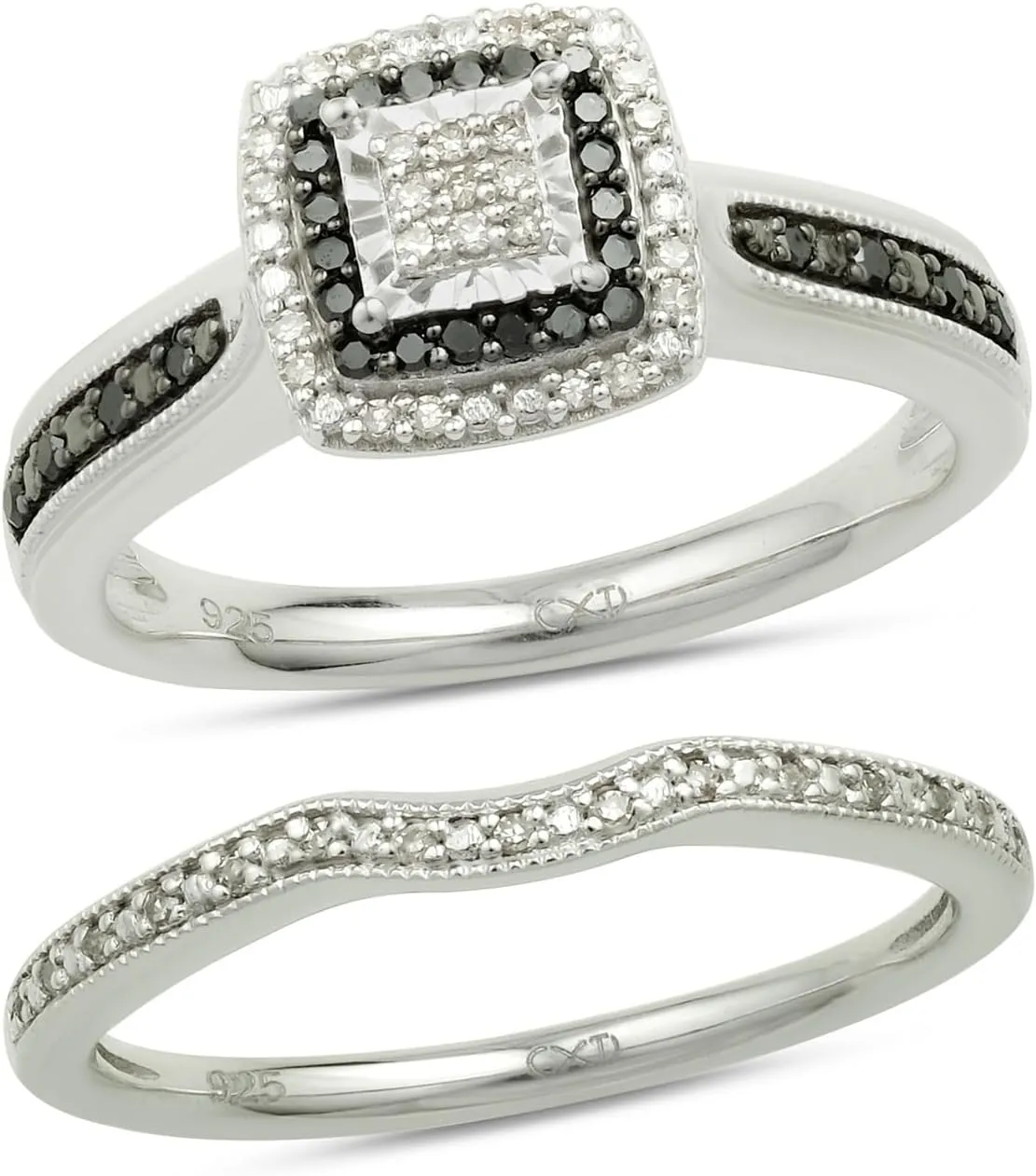 Cali Trove 1/5ct Natural Black & White Diamond Bridal Ring Set for Women | 925 Sterling Silver Square Halo Wedding & Engagement Ring | Diamond Promise Rings for Her in White Gold | Mother's Day Gifts