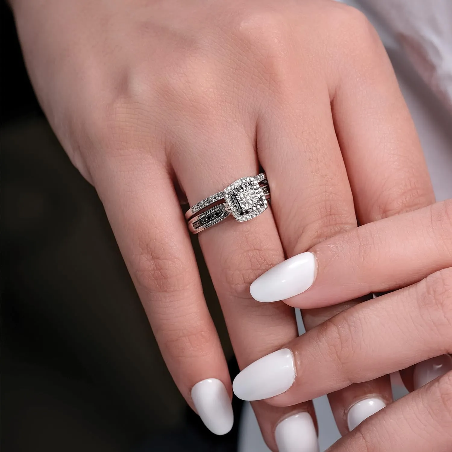 Cali Trove 1/5ct Natural Black & White Diamond Bridal Ring Set for Women | 925 Sterling Silver Square Halo Wedding & Engagement Ring | Diamond Promise Rings for Her in White Gold | Mother's Day Gifts