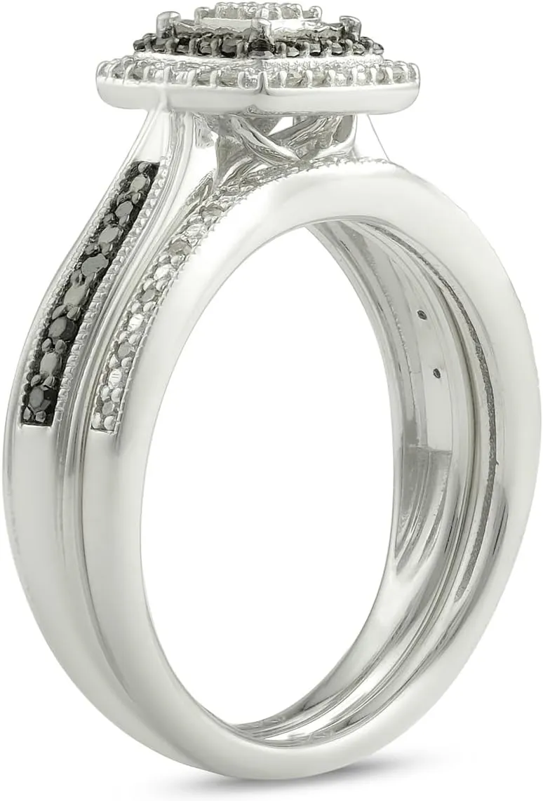 Cali Trove 1/5ct Natural Black & White Diamond Bridal Ring Set for Women | 925 Sterling Silver Square Halo Wedding & Engagement Ring | Diamond Promise Rings for Her in White Gold | Mother's Day Gifts