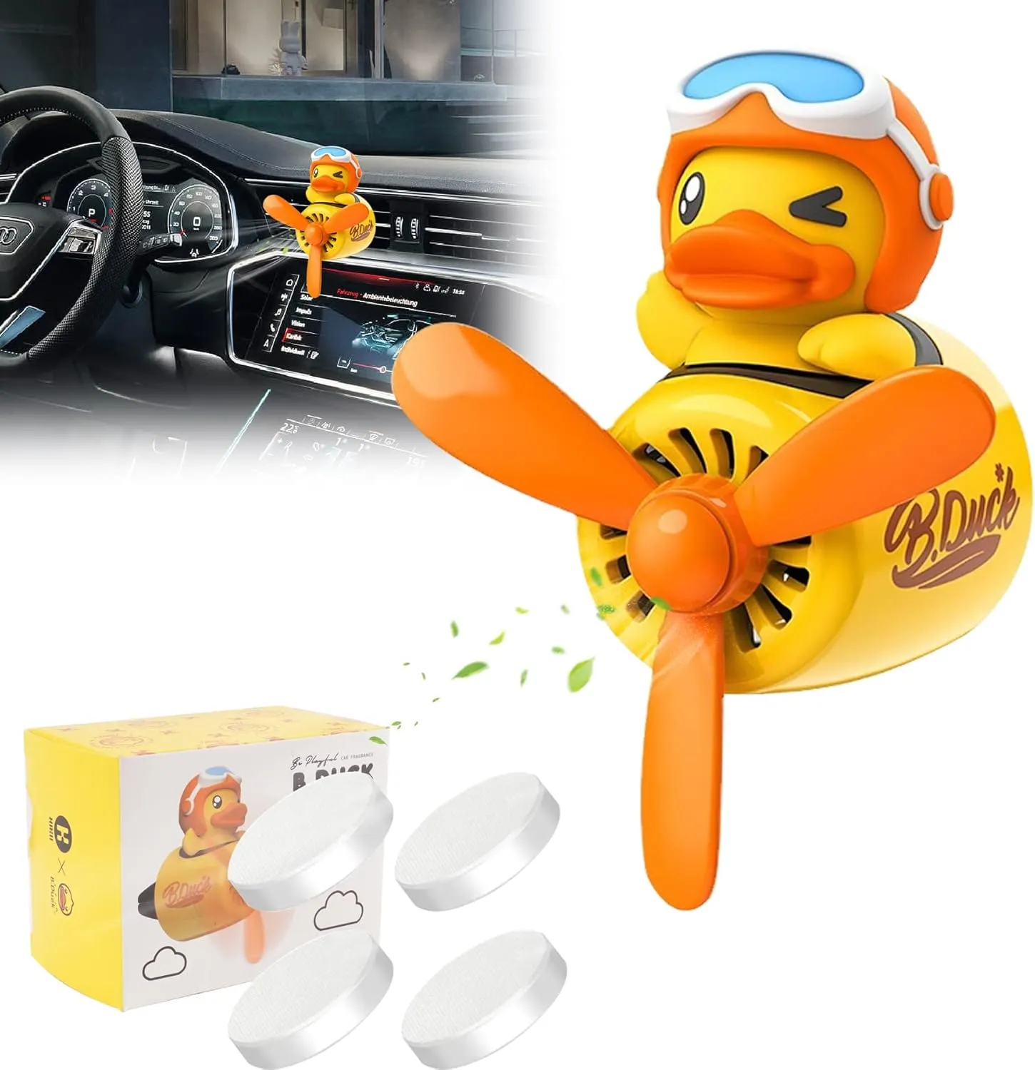 Car Air Freshener Cute Cartoon Yellow Duck Pilot Car Diffuser Rotating Propeller Automotive Air Outlet Fan Creative Car Perfume Decoration Cool Car Accessories Comes with 4 Fragrant Tablets