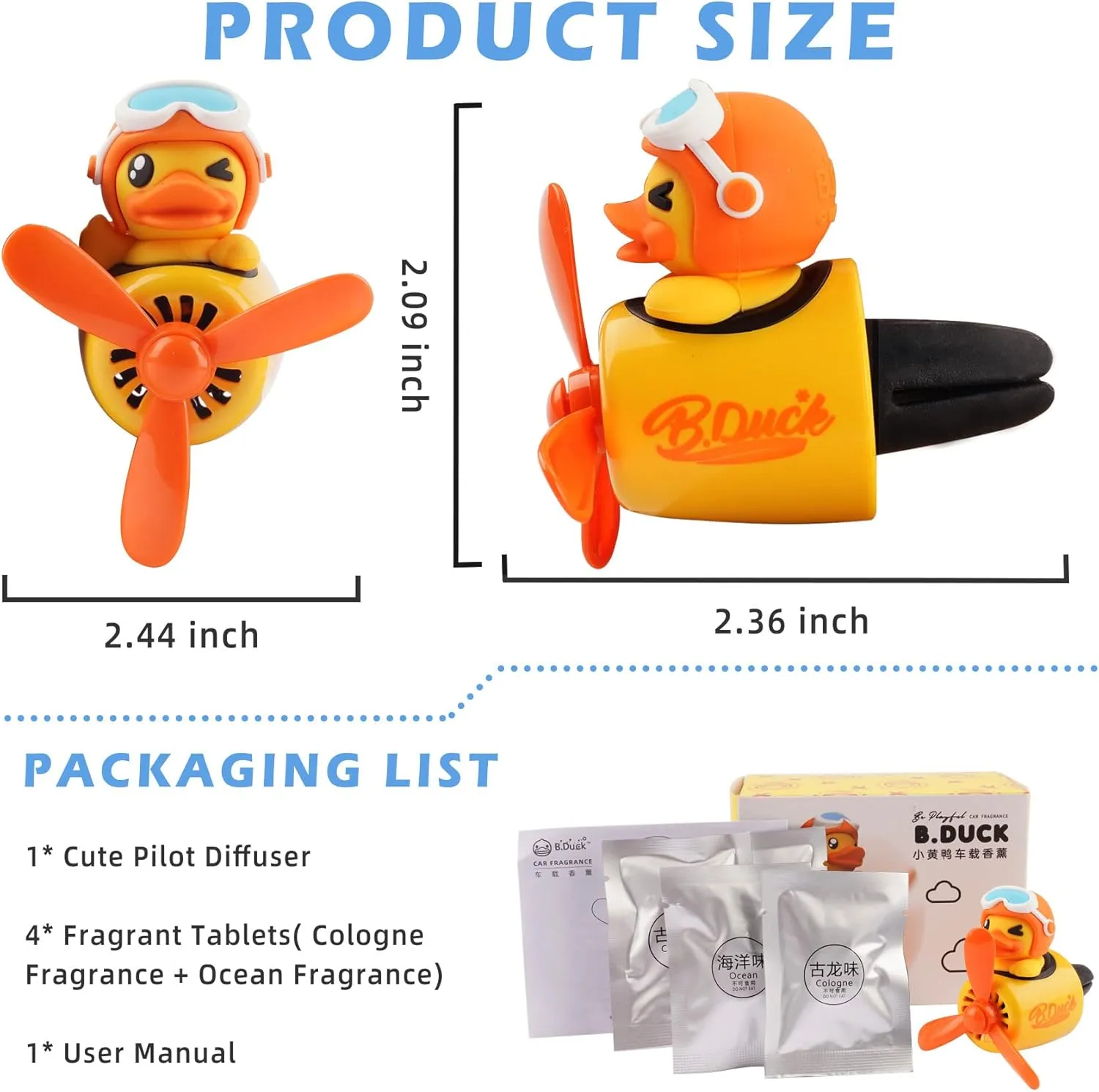 Car Air Freshener Cute Cartoon Yellow Duck Pilot Car Diffuser Rotating Propeller Automotive Air Outlet Fan Creative Car Perfume Decoration Cool Car Accessories Comes with 4 Fragrant Tablets