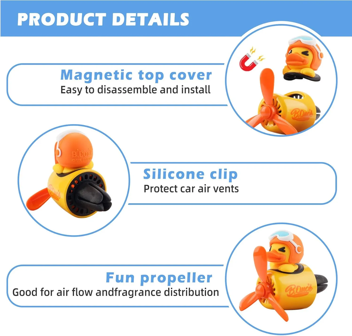 Car Air Freshener Cute Cartoon Yellow Duck Pilot Car Diffuser Rotating Propeller Automotive Air Outlet Fan Creative Car Perfume Decoration Cool Car Accessories Comes with 4 Fragrant Tablets